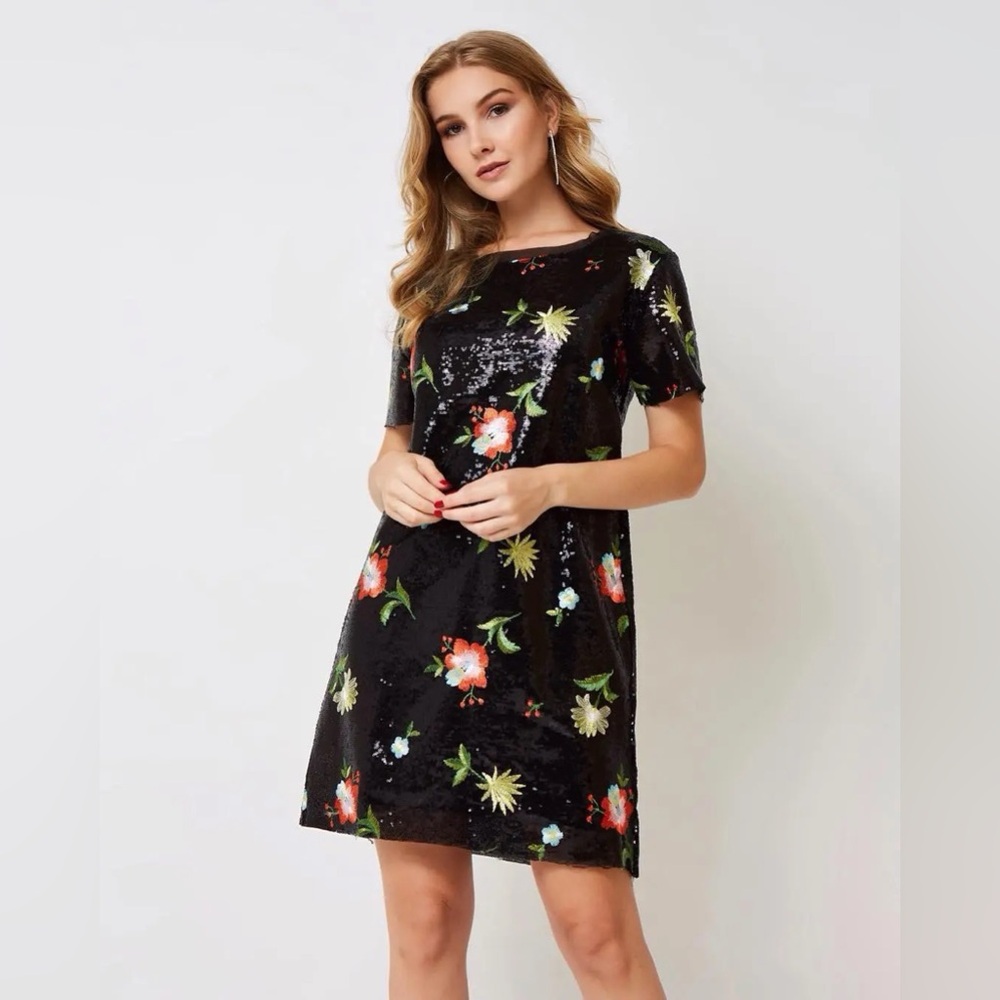 ZARA Sequin Embroidered Flowers Short Sleeve Party Dress, Size S